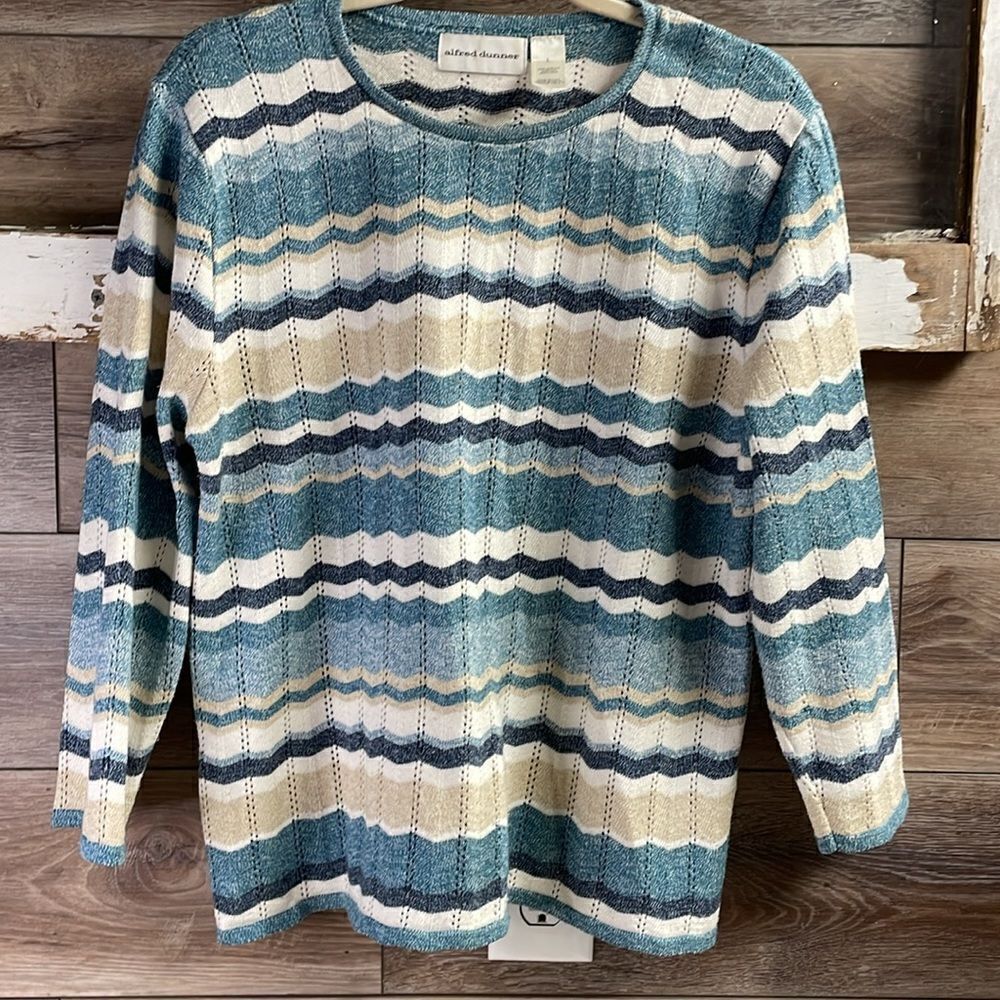 ALFRED DUNNER Womens Striped Pullover Open Knit Sweater Size Large Teal
